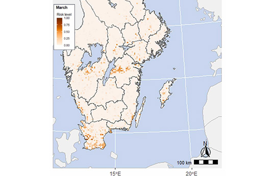 Ett utsnitt av en kartbild över Sverige med ett större antal markeringar.